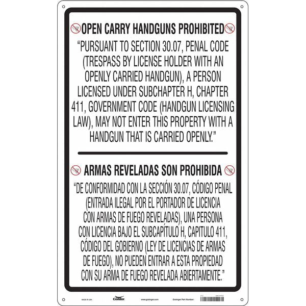 No Concealed Weapons Sign, 48 in Height, 30 in Width, Aluminum, Vertical Rectangle