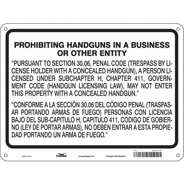 No Concealed Weapons Sign, 18 in Height, 24 in Width, Aluminum, Horizontal Rectangle