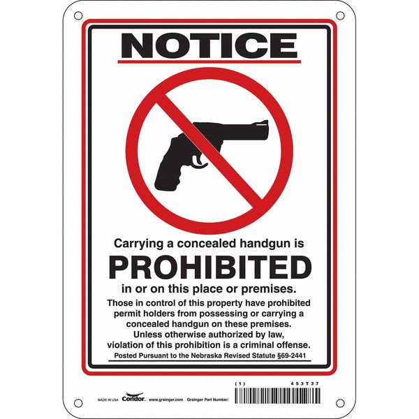 No Concealed Weapons Sign, 10 in H, 7 in W, Aluminum, Horizontal Rectangle, English, 453T37