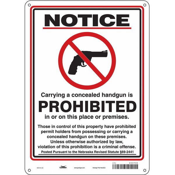 No Concealed Weapons Sign, 14 in H, 10 in W, Aluminum, Vertical Rectangle, English, 453T38