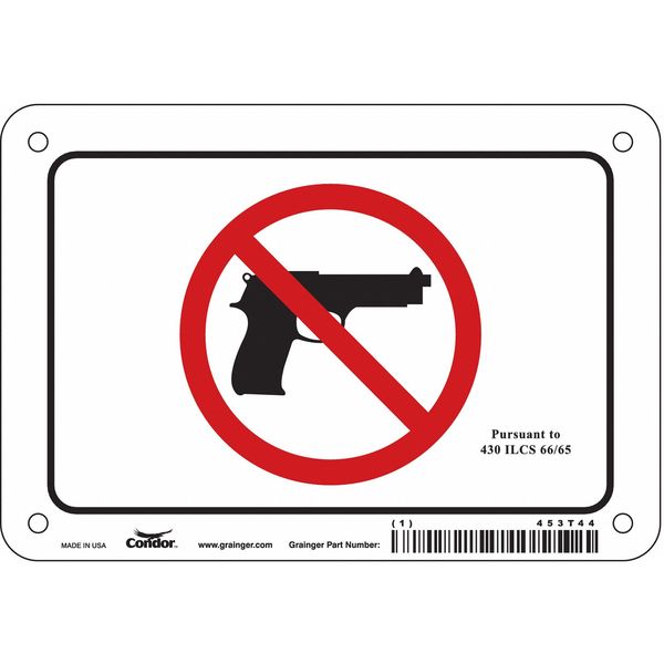 No Concealed Weapons Sign, 4 in Height, 6 in Width, Aluminum, Horizontal Rectangle, English