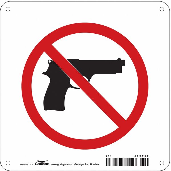No Concealed Weapons Sign, 8 in Height, 8 in Width, Aluminum, Square, English