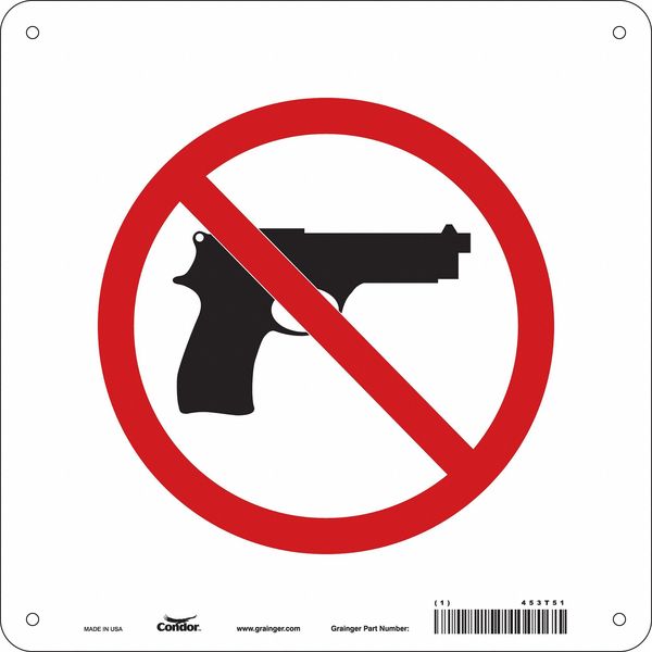 No Concealed Weapons Sign, 10 in Height, 10 in Width, Aluminum, Square, English