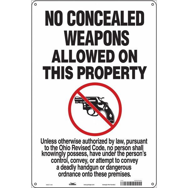 No Concealed Weapons Sign, 18 in H, 12 in W, Aluminum, Vertical Rectangle, English, 453T56