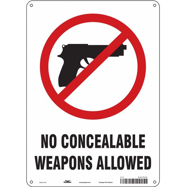 No Concealed Weapons Sign, 14 in H, 10 in W, Aluminum, Vertical Rectangle, English, 453T59
