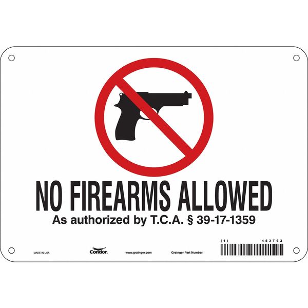 No Concealed Weapons Sign, 7 in H, 10 in W, Aluminum, Vertical Rectangle, English, 453T62