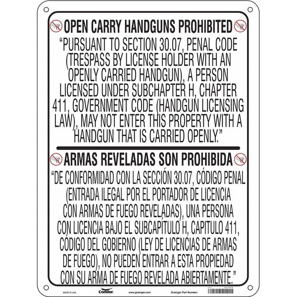 No Concealed Weapons Sign, 24 in Height, 18 in Width, Aluminum, Vertical Rectangle