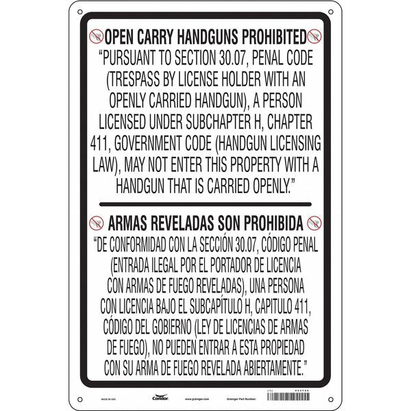 No Concealed Weapons Sign, 36 in Height, 24 in Width, Aluminum, Vertical Rectangle
