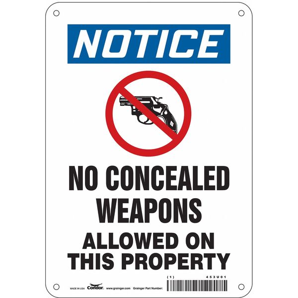 No Concealed Weapons Sign, 10 in H, 7 in W, Aluminum, Horizontal Rectangle, English, 453U01