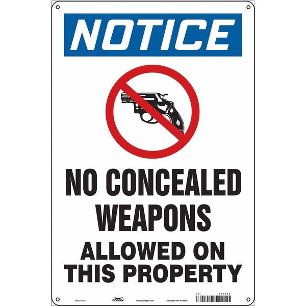 No Concealed Weapons Sign, 18 in H, 12 in W, Aluminum, Vertical Rectangle, English, 453U03