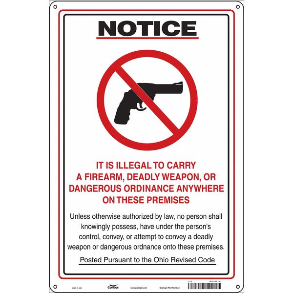 No Concealed Weapons Sign, 18 in H, 12 in W, Aluminum, Vertical Rectangle, English, 453U14
