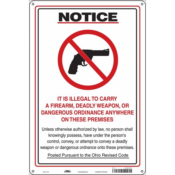 No Concealed Weapons Sign, 18 in H, 12 in W, Polyethylene, Vertical Rectangle, English, 453U15