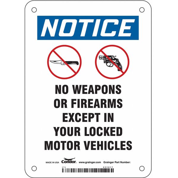 No Concealed Weapons Sign, 7 in H, 5 in W, Aluminum, Vertical Rectangle, English, 453U17