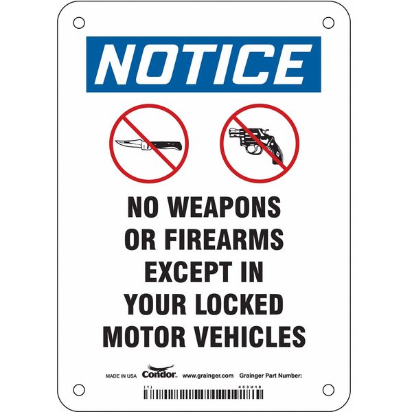 No Concealed Weapons Sign, 7 in H, 5 in W, Polyethylene, Vertical Rectangle, English, 453U18