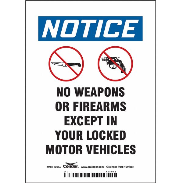 No Concealed Weapons Sign, 7 in H, 5 in W, Vinyl, Vertical Rectangle, English, 453U19