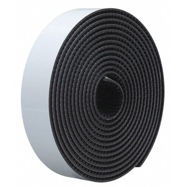 Reclosable Fastener, Rubber Adhesive, 10 ft, 1 in Wd, Black