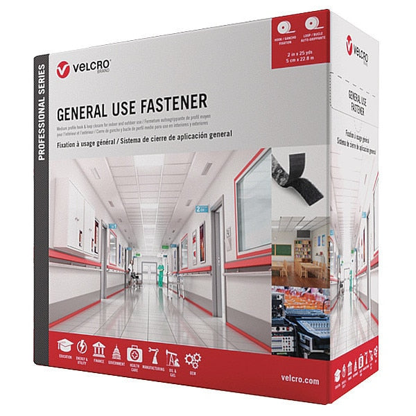Reclosable Fastener, Acrylic Adhesive, 75 ft, 2 in Wd, Black