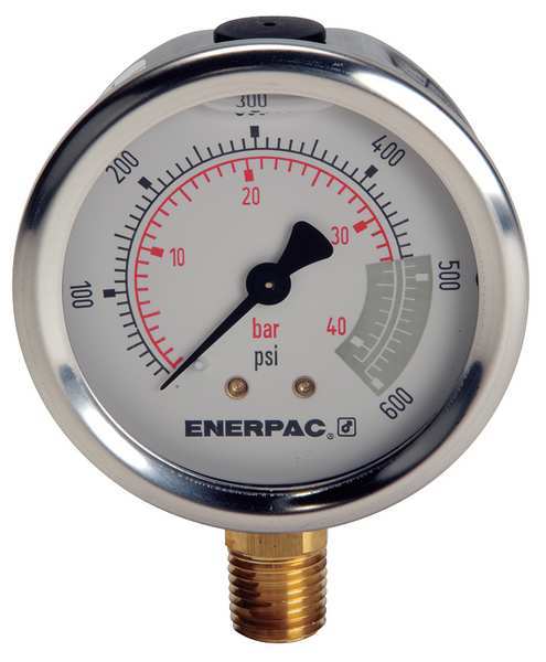 Pressure Gauge, 0 to 600 psi, 1/4 in NPTF, Stainless Steel, Silver