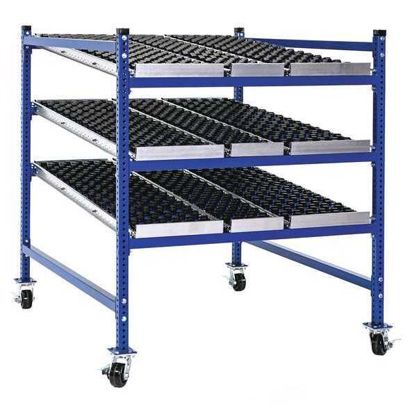 Mobile Gravity Flow Rack, 48 in D, 48 in W, 54 in H, 3 Shelves, Blue