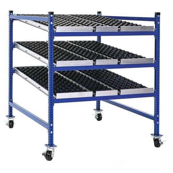 Mobile Gravity Flow Rack, 60 in D, 48 in W, 54 in H, 3 Shelves, Blue