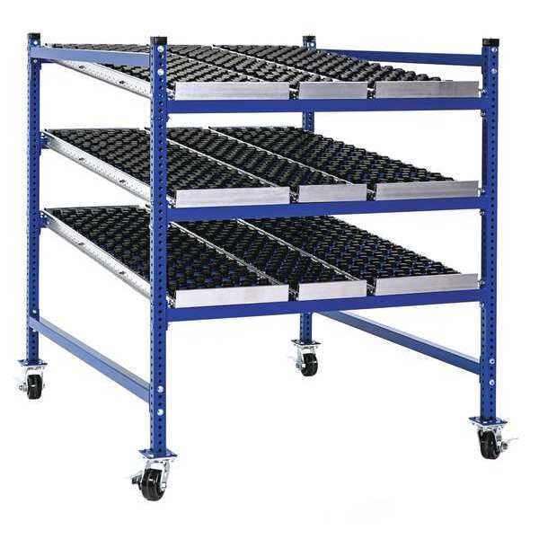 Mobile Gravity Flow Rack, 60 in D, 36 in W, 54 in H, 3 Shelves, Blue
