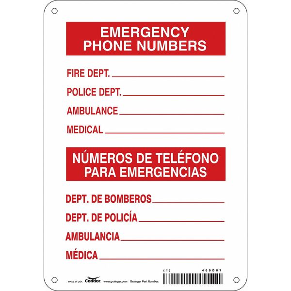 SAFETY SIGN FIRE AND EMERGENCY, 10 in Height, 7 in Width, Aluminum, Horizontal Rectangle