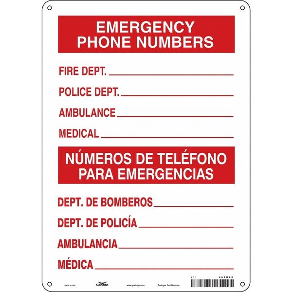SAFETY SIGN FIRE AND EMERGENCY, 14 in Height, 10 in Width, Aluminum, Vertical Rectangle