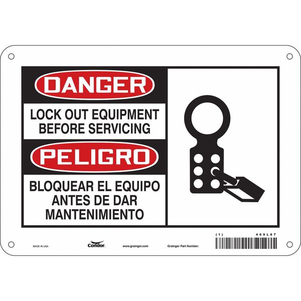 Safety Sign, 7 in Height, 10 in Width, Aluminum, Vertical Rectangle, English, Spanish, 469L87