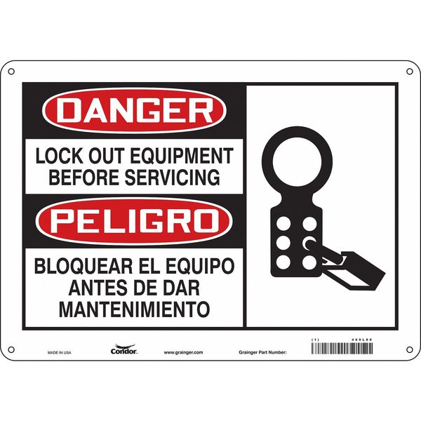 Safety Sign, 10 in Height, 14 in Width, Aluminum, Horizontal Rectangle, English, Spanish, 469L88