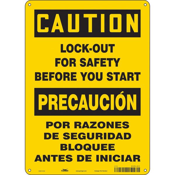 Safety Sign, 14 in Height, 10 in Width, Aluminum, Vertical Rectangle, English, Spanish, 469L25