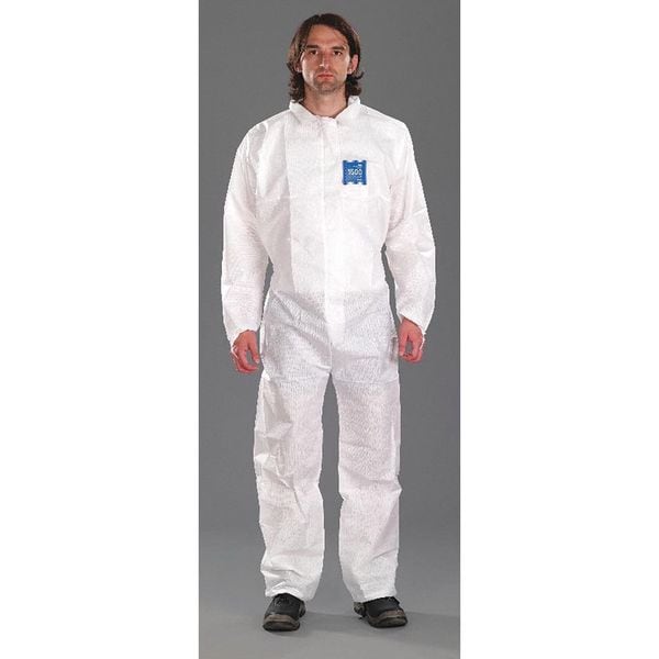Collared Disposable Coveralls, 2XL, 25 PK, White, SMS, Elastic, Storm Flap, Zipper