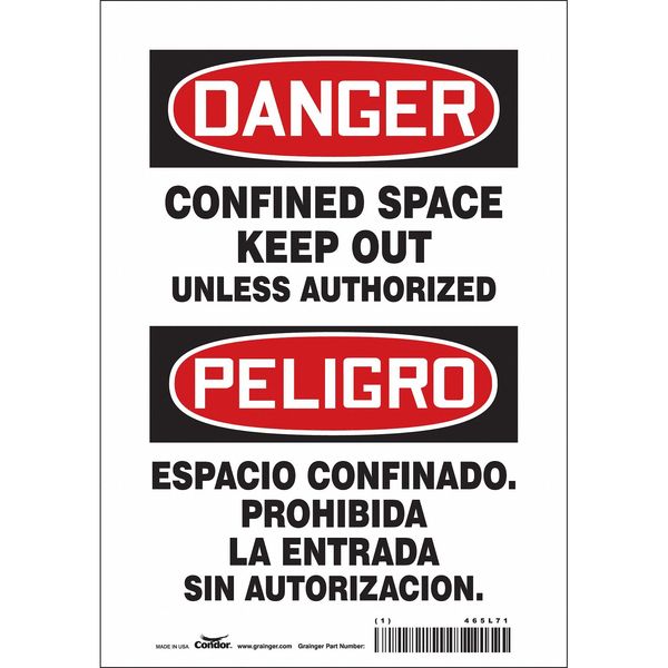 Safety Sign, 10 in Height, 7 in Width, Vinyl, Horizontal Rectangle, English, Spanish, 465L71