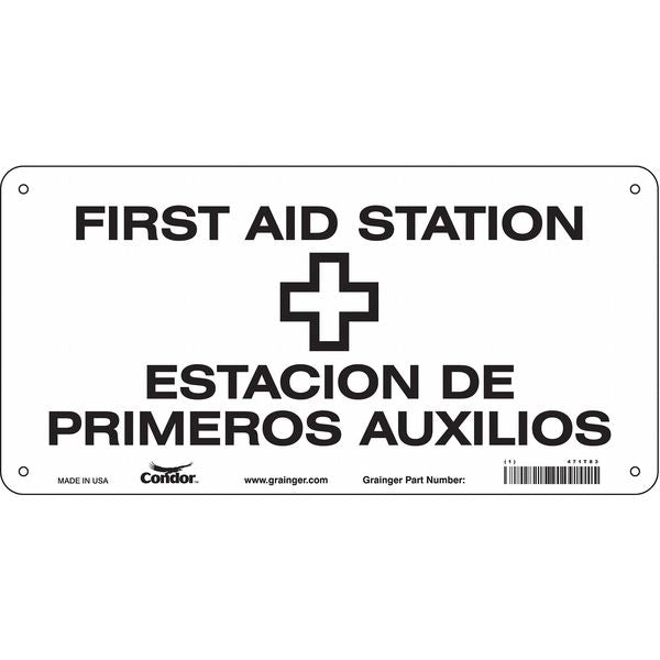 First Aid Sign, 7 in Height, 14 in Width, Aluminum, Vertical Rectangle, English, Spanish