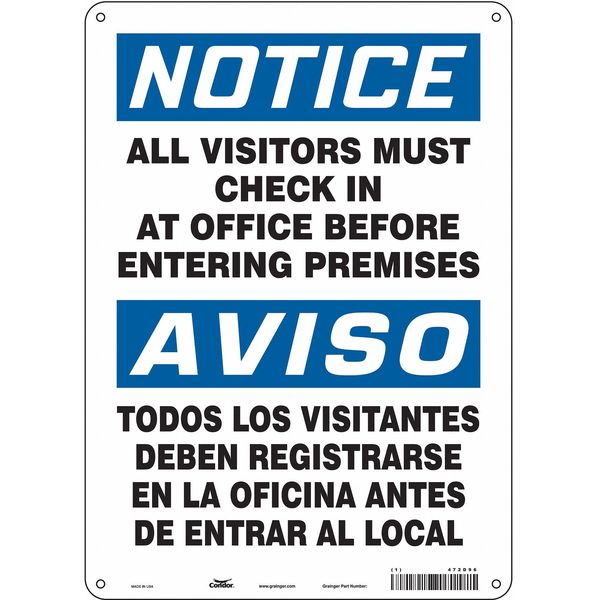 Safety Sign, 14 in Height, 10 in Width, Aluminum, Vertical Rectangle, English, Spanish, 472D96