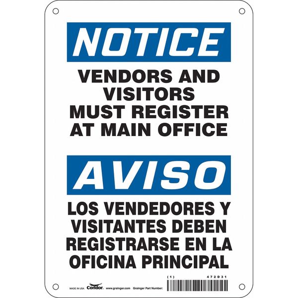 Safety Sign, 10 in Height, 7 in Width, Aluminum, Horizontal Rectangle, English, Spanish, 472D31