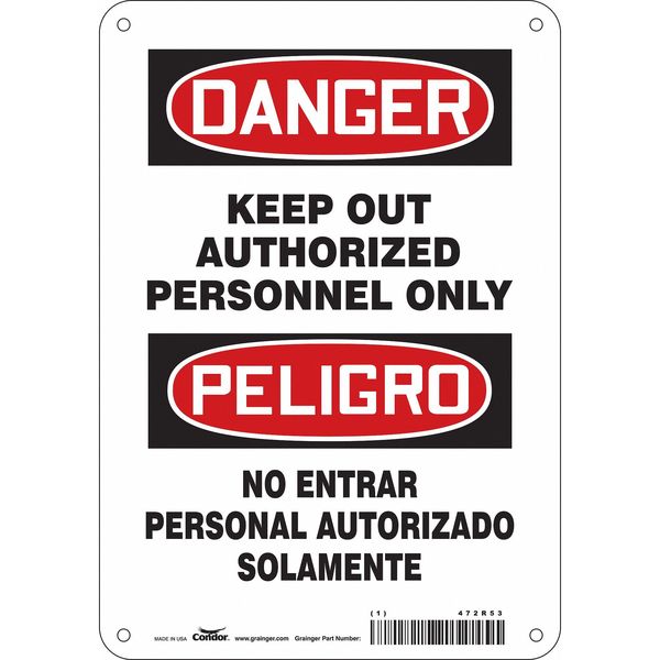 Safety Sign, 10 in Height, 7 in Width, Aluminum, Horizontal Rectangle, English, Spanish, 472R53