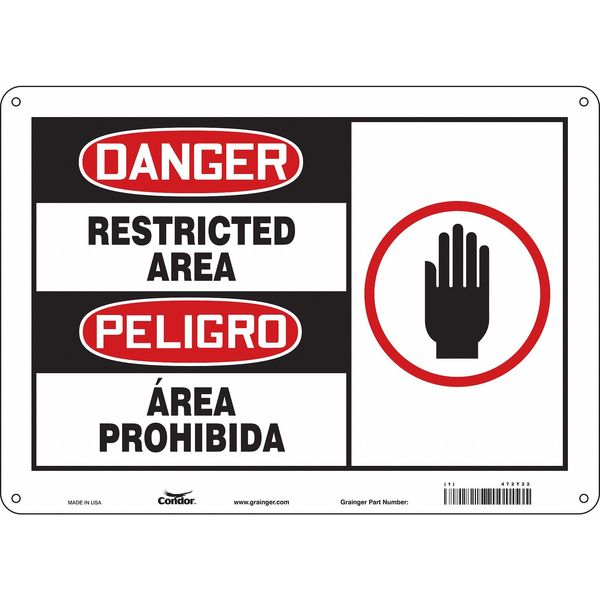 Safety Sign, 10 in H, 14 in W, Aluminum, Horizontal Rectangle, English, Spanish, 472T22