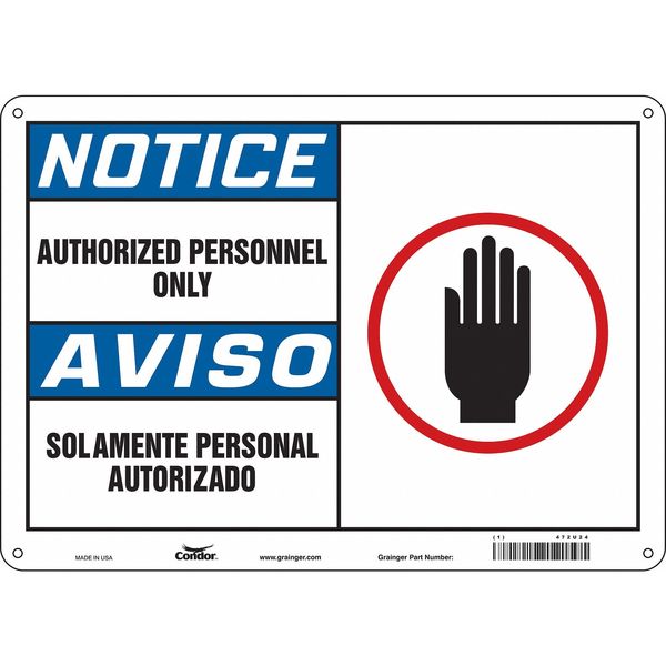 Safety Sign, 10 in H, 14 in W, Aluminum, Horizontal Rectangle, English, Spanish, 472U24