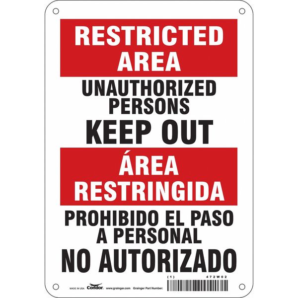Safety Sign, 10 in Height, 7 in Width, Aluminum, Horizontal Rectangle, English, Spanish, 472W02