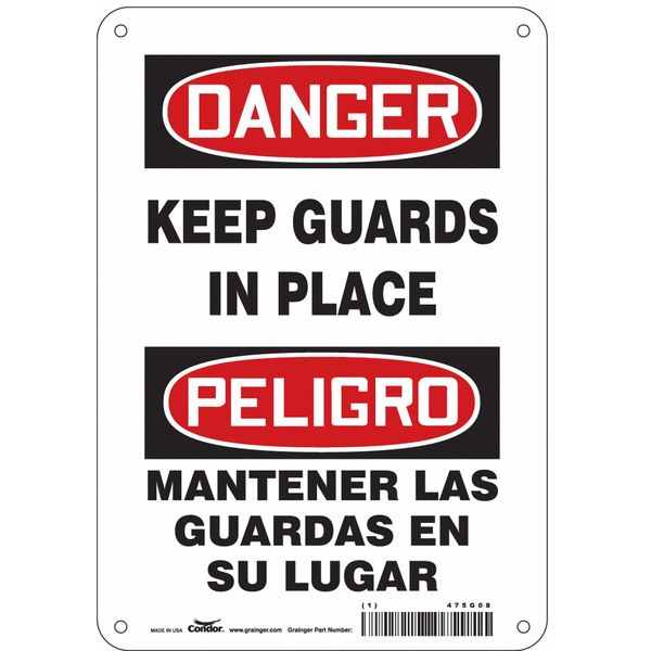 Safety Sign, 10 in Height, 7 in Width, Aluminum, Horizontal Rectangle, English, Spanish, 475G08