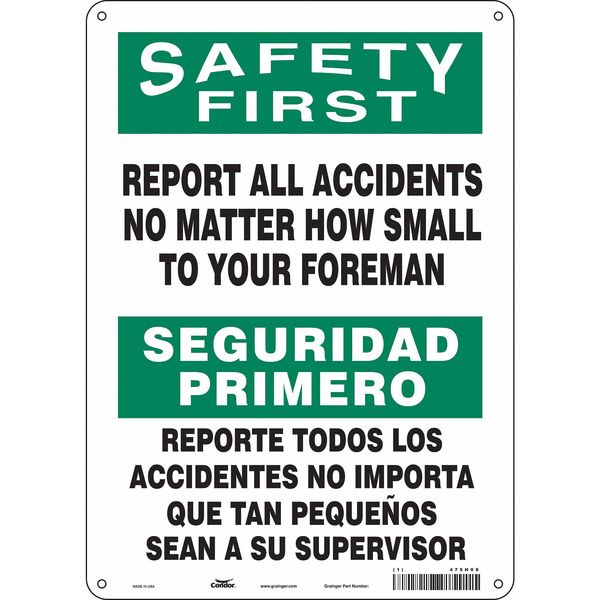 Safety Sign, 14 in Height, 10 in Width, Aluminum, Vertical Rectangle, English, Spanish, 475H08