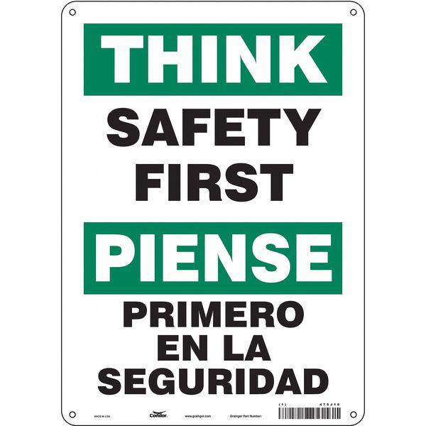 Safety Sign, 14 in Height, 10 in Width, Aluminum, Vertical Rectangle, English, Spanish, 475J10