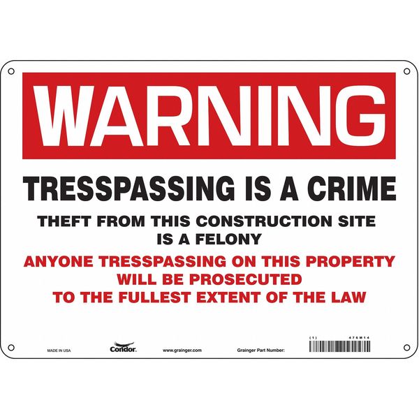 Safety Sign, 10 in Height, 14 in Width, Aluminum, Horizontal Rectangle, English, 476M14