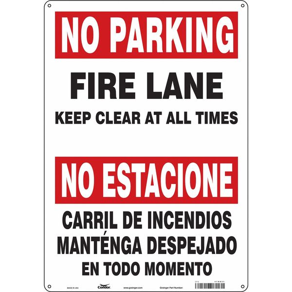 Fire Lane, Zone & Equipment No Parking Sign, 20 in Height, 14 in Width, Aluminum, English, Spanish