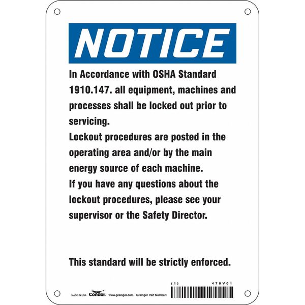 Safety Sign, 10 in Height, 7 in Width, Aluminum, Horizontal Rectangle, English, 478V01