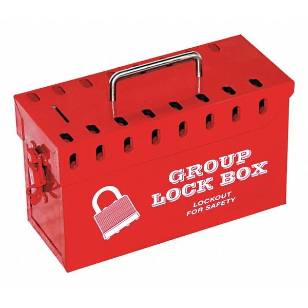 Group Lockout Tagout Box, Steel, Portable, 10 in W, Lock Box Accepts Up to 13 Padlocks, Red