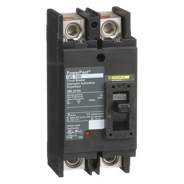 Molded Case Circuit Breaker, 100, 240VAC, 2 Pole, Unit Mount Lug Mounting Style, QB Series