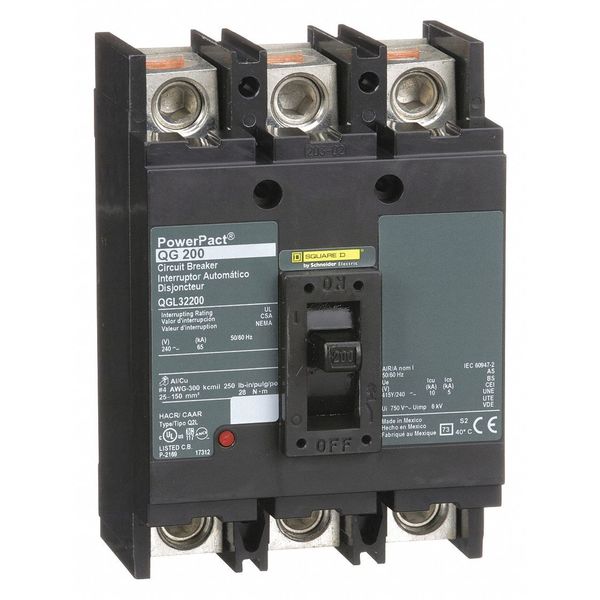Molded Case Circuit Breaker, 200, 240VAC, 3 Pole, Unit Mount Lug Mounting Style