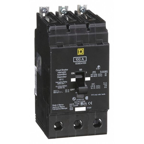 Miniature Circuit Breaker, 100, 277/480VAC, 3 Pole, Bolt-On Mounting Style, EGB Series