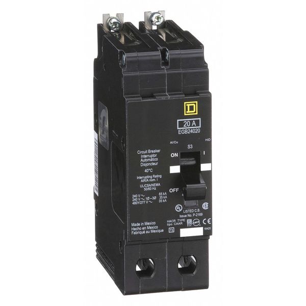 Miniature Circuit Breaker, 20, 277/480VAC, 2 Pole, Bolt-On Mounting Style, EGB Series